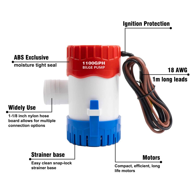 Sanuke 1100gph Bilge Pump,1-1/8" Outlet, Electric 12V Submersible Marine Water Pump Accessories Marin Boat, Non- Automatic Bilge Pump for Boats, Ponds, Pools, Spas Silent, Boat Caravan RV, Low Noise - Image 2